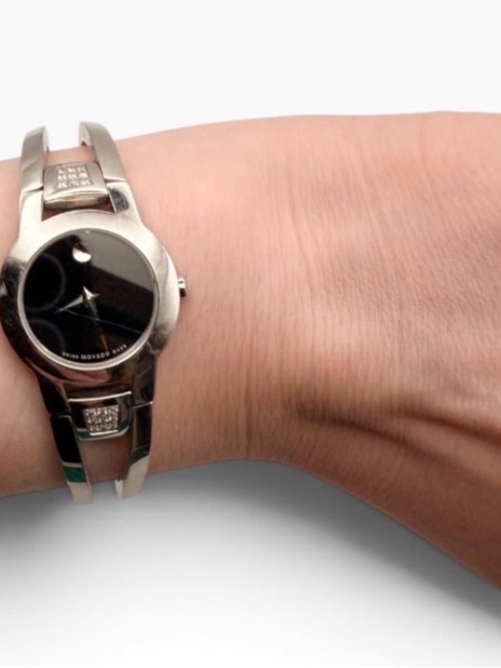 Movado Silver-Tone Bracelet Watch with Black Dial and Crystal Accents